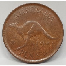 AUSTRALIA 1951 . ONE 1 PENNY . VARIETY . EXTREMELY WEAK STRIKE